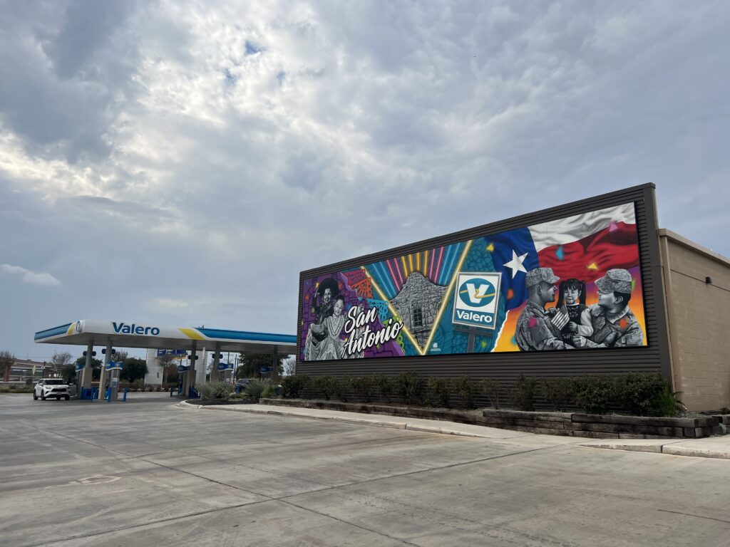 Valero Gas Station and colorful Mural that says San Antonio 